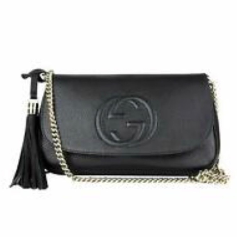 GUCCI SOHO CELLARIUS Flap Black Leather w/ Chain Crossbody Shoulder Bag, Medium